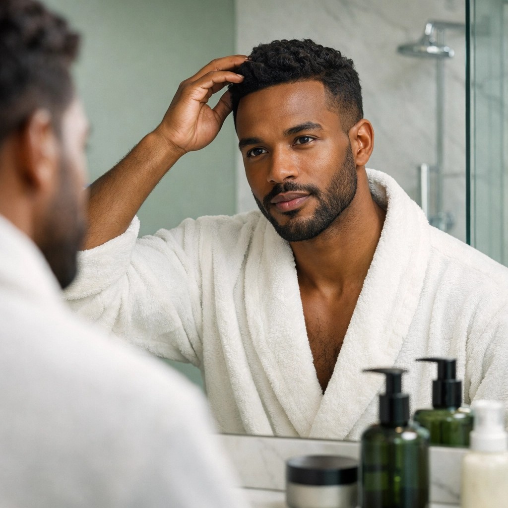 Person reviewing hair in a bathroom mirror during a grooming routine
