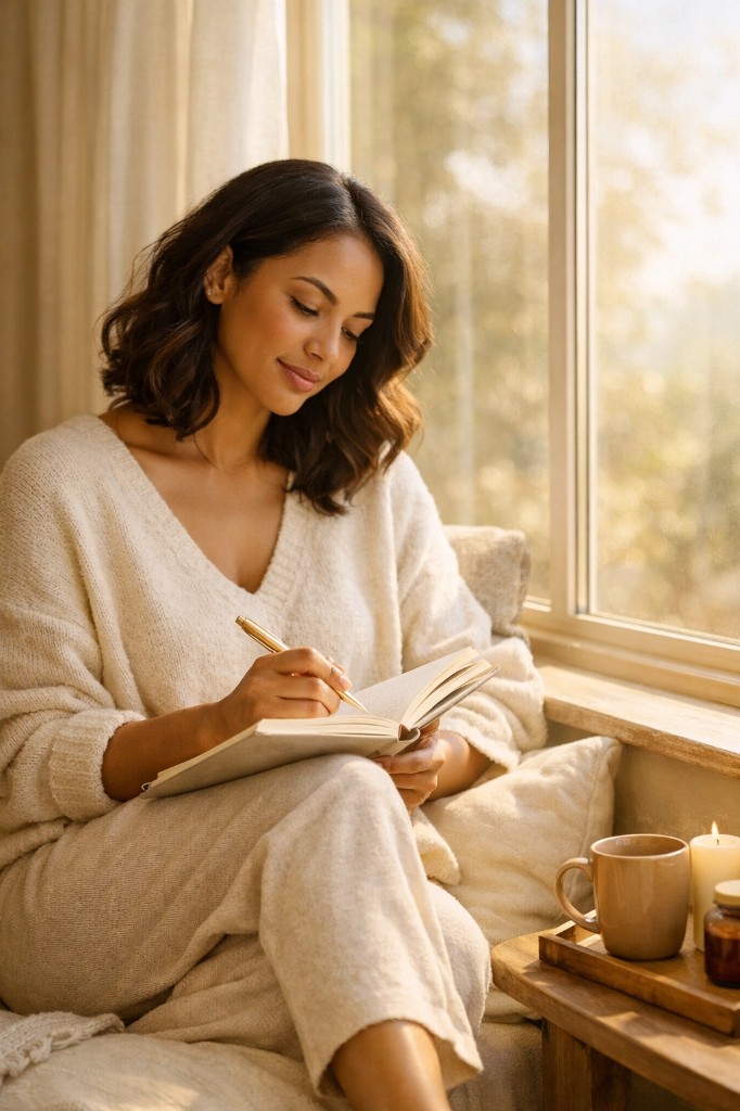 Person reflecting and writing in a journal by a sunlit window, representing a guided weight-care journey